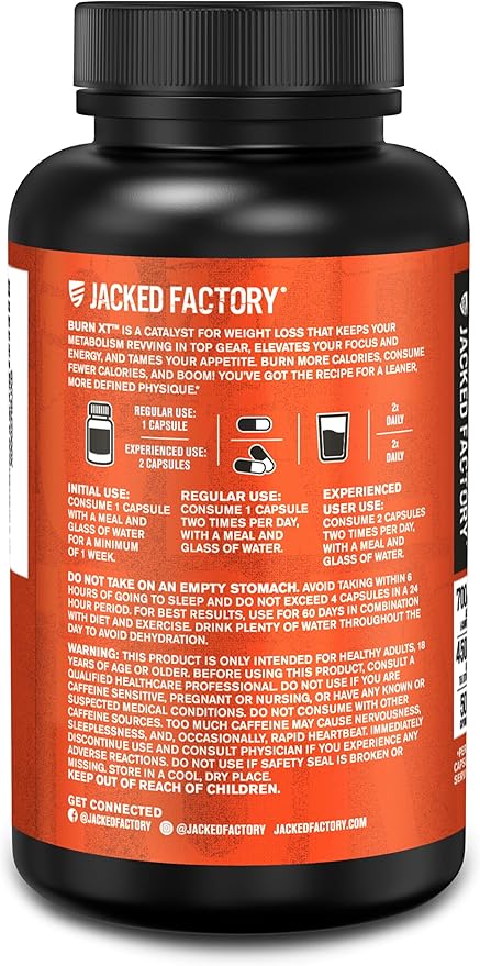 Jacked Factory Burn-XT Clinically Studied Fat Burner & Weight Loss Supplement - Appetite Suppressant & Energy Booster - with Acetyl L-Carnitine, Green Tea Extract and More - 120 Natural Diet Pills