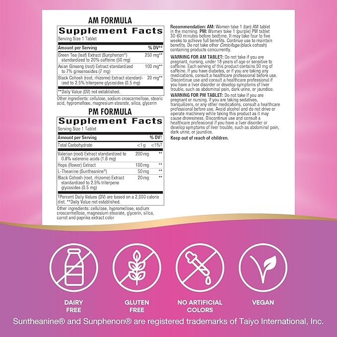 Nature's Way AM/PM Menopause Supplements for Women, Hot Flash Relief*, Night Sweats*, Restful Sleep*, Mood Swings*, Hormone-Free Formulas with Black Cohosh, Theanine, Valerian, 60 Tablets