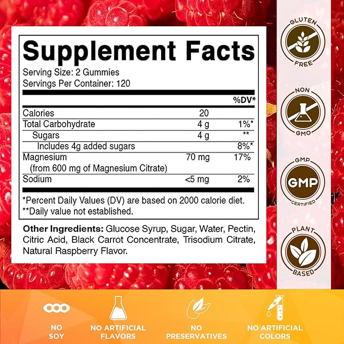Vitamatic Magnesium Citrate Gummies 600mg per Serving - 240 Vegan Gummies - Natural Raspberry Flavor - High Absorption Magnesium Supplement - Supports Nerve, Bone and Muscle Health
