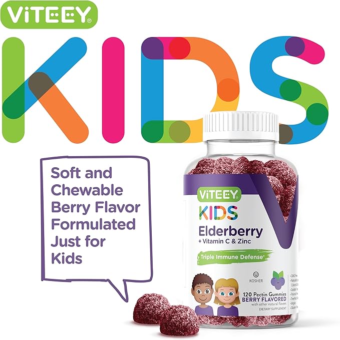 Viteey Sambucus Elderberry Gummies for Kids Immune Support Supplements with Zinc & Vitamin C 3-1 Immune Booster - Vegetarian, Gelatin Free, Gluten Free, GMO Free - Tasty Chewable Berry Flavored