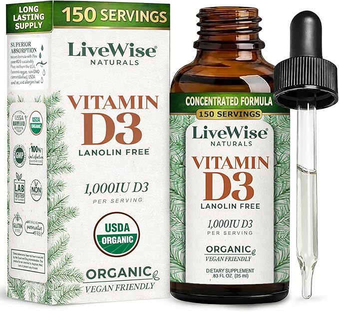 Live Wise Naturals Vitamin D3 1000 IU, 25 MCG Drops - 150 Servings, Ultra Concentrated Formulation, Fast Absorption, Vegan, Organic MCT Oil Formula - Micro-Dosing Dropper for Bone & Immune Support