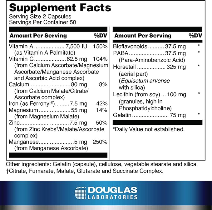 Douglas Laboratories Hair, Skin & Nail Plus | Vitamins, Minerals, and Nutrients Formulated to Support Healthy Hair, Skin, and Nails | 100 Capsules