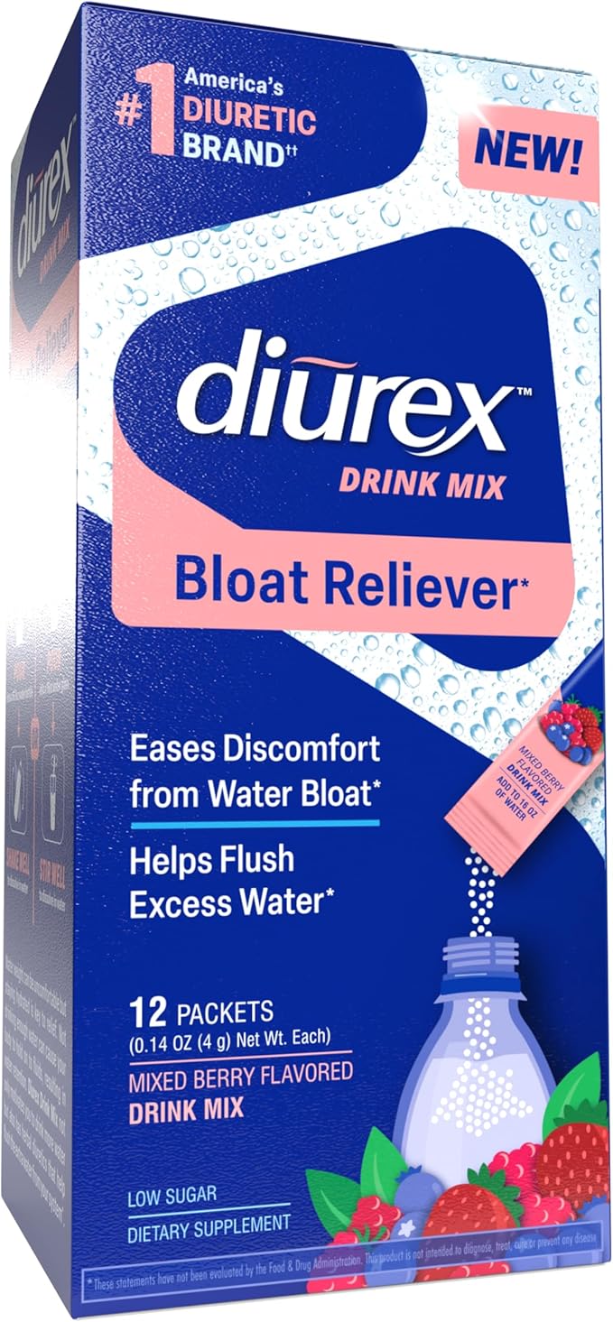 Diurex Drink Mix - Diuretic Supplement - Mixed Berry Flavor - Bloat Relief with Diurex Proprietary Bloat-Relieving Blend - Single Serve - 12 Pack