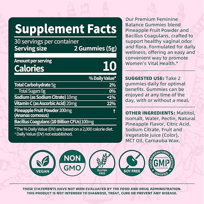 Premium Feminine Balance Gummies - 60 Count (30-Day Supply) - Pineapple Flavor Vaginal Health Supplements for Women - Probiotic & Antioxidant Support for Odor, Freshness & pH Balance