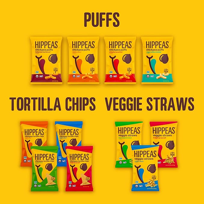 HIPPEAS Chickpea Puffs, Cheezy Vibes, Gluten Free Snacks, Dairy Free, Vegan, 0.8oz, Pack of 18, 3g Protein, 2g Fiber, Crunchy, Nutritious, Baked Plant Protein Snack, Non-GMO, Kosher