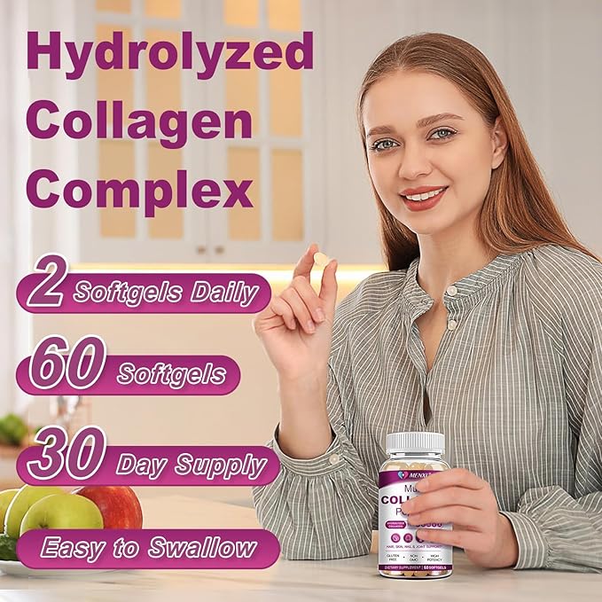 Multi Collagen Peptides Softgel for Women & Men - Type I, II, III, V, X - Hydrolyzed Collagen Peptides with Biotin, Vitamin C & Hyaluronic Acid - Support Skin, Hair, Nail & Joint - Non-GMO, 60 Softgel