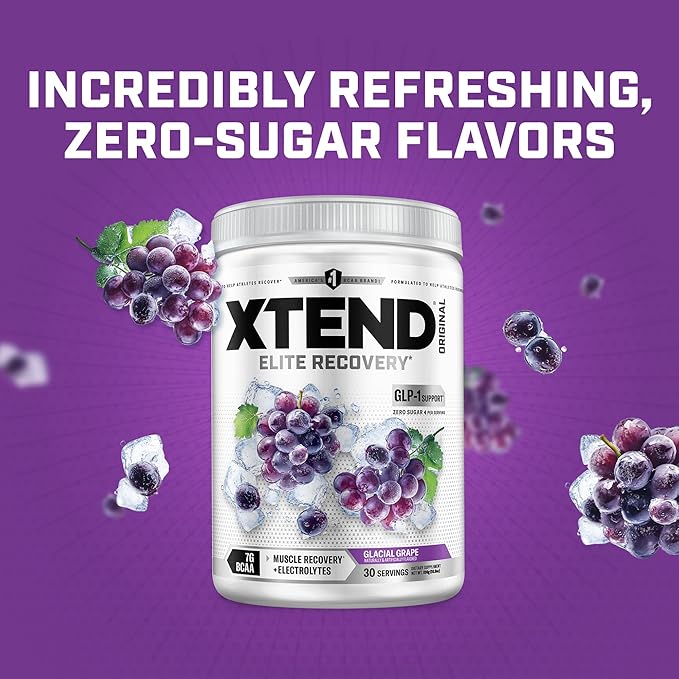 Xtend Original BCAA Powder, 7g BCAAs and 2.5g L-Glutamine for Muscle Recovery Hydration and Lean Muscle, Sugar Free Intra and Post Workout Drink with Electrolytes, Glacial Grape, 30 Servings