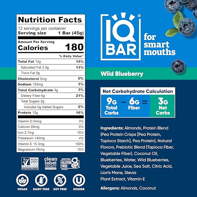 IQBAR Clean Plant Protein Bars - Wild Blueberry - 24 Count - Keto, Vegan, High Fiber, Gluten and Dairy Free, Low Sugar Snack - Brain and Body Nutrients for Focus, Energy, Meal Replacement