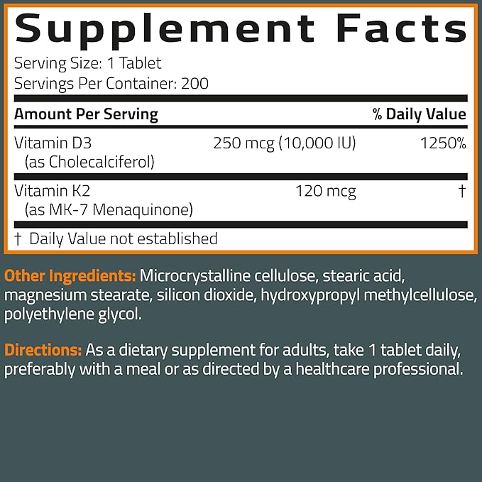 Bronson Vitamin K2 (MK7) with D3 Supplement Extra Strength 2 in 1 Support, 10,000 IU Vitamin D3 & 120 mcg K2 MK-7, 200 Tablets