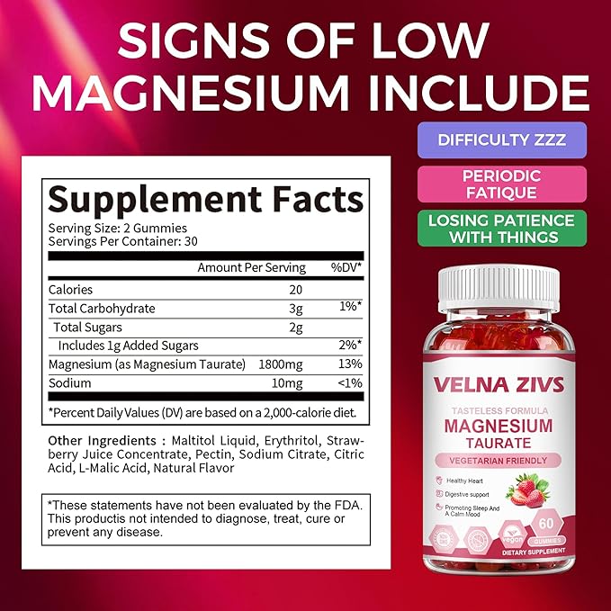 Magnesium Taurate Gummies 1800mg, Magnesium Taurate Supplement, High Absorption & Chewable for Kid and Adults, Muscle and Heart Health Support, Vegan, Gluten Free, 120 Counts（2 Pack）
