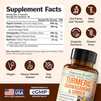 Ashwagandha Organic Turmeric Curcumin Supplement with Ginger Root & Black Pepper – Joint Health, Energy & Immune Support – Antioxidant Blend with 95% Curcuminoids – 60 Capsules