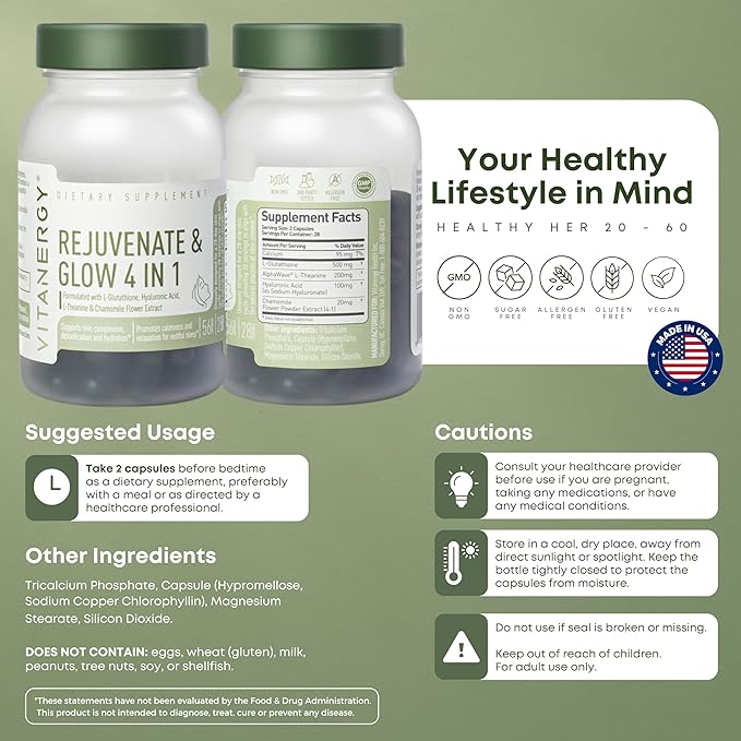 Beauty Sleep & Skin Glow Supplement – 4-in-1 Nighttime Support with L-Glutathione, Hyaluronic Acid, L-Theanine & Chamomile – Vegan, Made in USA, 56 Capsules