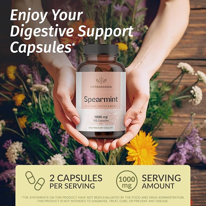 HERBAMAMA Spearmint Capsules - 1000 mg Spearmint Leaf Capsules for Digestive Support - Vegan, Non-GMO Digestive & Skin Supplement - 50-Day Supply