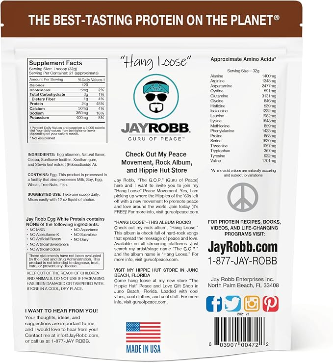 JAYROBB Chocolate Egg White Protein 24 oz, 1.5 Pound Bag