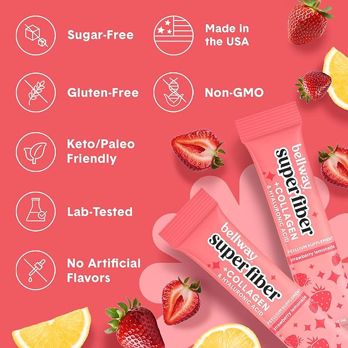 Bellway Super Fiber Packets + Collagen, Sugar-Free Psyllium Husk Powder with Collagen Peptides & Hyaluronic Acid for Gut Health, Healthy Skin, Nails, Bones & Joints, Strawberry Lemonade (10 Packets)