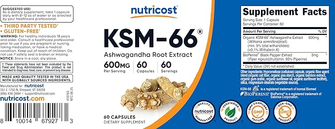 Nutricost KSM-66 Ashwagandha Root Extract 600mg, 60 Veggie Caps (3 Bottles) - 5% Withanolides - with BioPerine