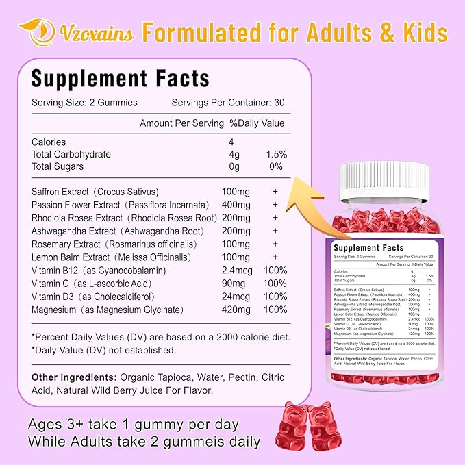 Saffron Gummies, 10 in 1 Saffron Supplements Gummies with Magnesium, Ashwagandha & Rhodiola Rosea, Sugar Free Vegan Mixed Berry Flavor - 60Cts
