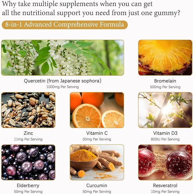 8-in-1 Quercetin with Bromelain Gummies 1000mg, High Potency Organic Quercetin Supplement with Zinc & Vitamin C, Elderberry, Seasonal Wellness & Immune Support, Vegan, Sugar Free, 120 Gummies