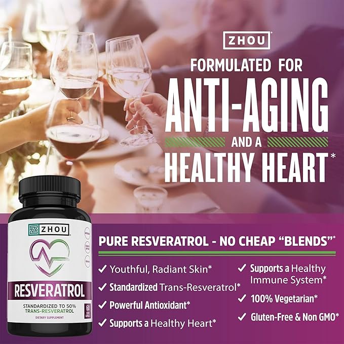 ZHOU Resveratrol - Resveratrol 1000mg Nutritional Supplement for Women & Men, Pure Ultra Strength Heart Health and Antioxidant Support Formula - 60 Veggie Capsules