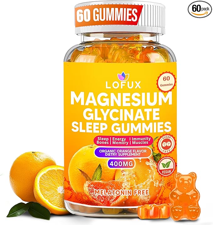 Lofux Magnesium Glycinate Gummies 400mg, Sugar Free Magnesium Gummies for Adults Women, Men, Chewable Supplement Gummy with L-Threonate, Vitamin D, B6, CoQ10 - for Calm, Sleep, Body Relaxation, 60 Ct