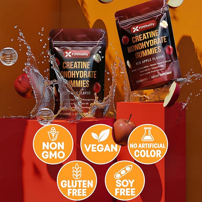 Premium 200 Gummies Creatine Gummies - Formulation with Creatine, Vitamin C & B6 - Vegan, Non-GMO, Sugar-Free, Red Apple Flavor