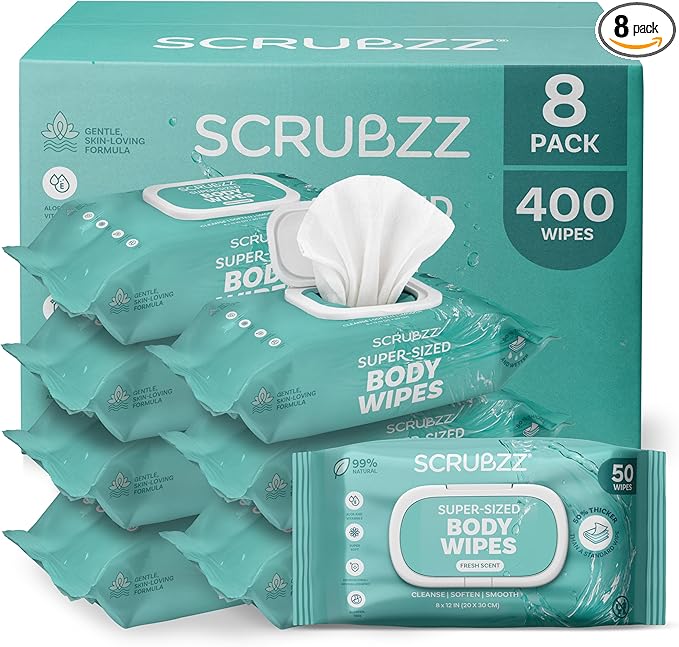 Adult Body Bathing & Incontinence Wipes, Extra Large 8” x 12” No Rinse Body Cleansing Cloths – Disposable Washcloths for Elderly Care, Bed Bathing & Daily Hygiene - 400 Count