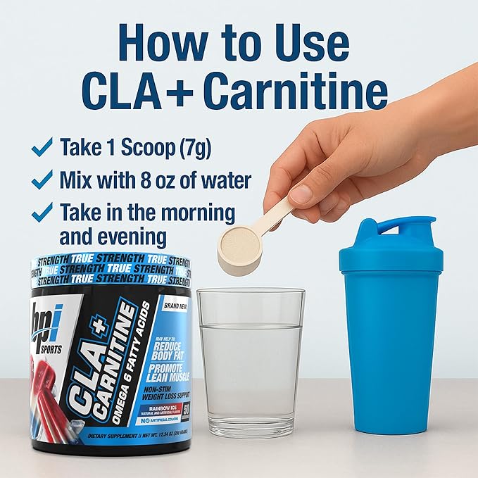 BPI Sports CLA+Carnitine – CLA L Carnitine & Linoleic Acid – L Carnitine Supplement for Weight Loss, Metabolism & Lean Muscle – Caffeine Free – Rainbow Ice – 50 Servings – 12.34 oz