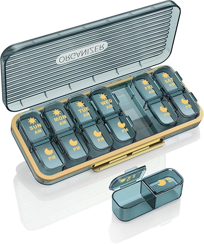 Am Pm Pill Organizer, Weekly Pill Box 2 Times A Day - Acedada 7 Day Pill Organizer with 7 Separate Containers, Portable Daily Medicine Dispenser Case for Vitamin, Fish Oils, Supplements, Stylish Blue