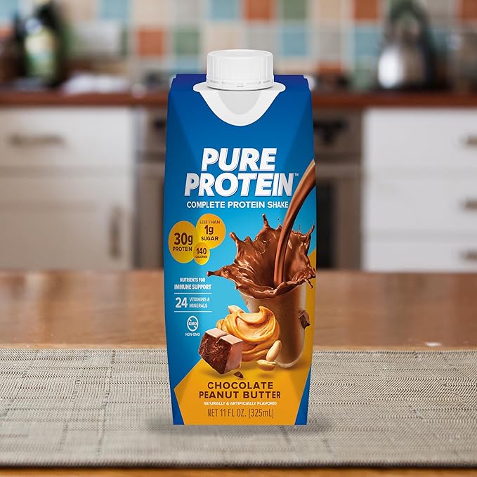Pure Protein Complete Protein Shake, Chocolate Peanut Butter, 30g High Protein Drink, Less than 1g Sugar, 3g Fiber, Ready to Drink, Non GMO, On-the-Go Shakes, 11oz Bottles, 12 Pack