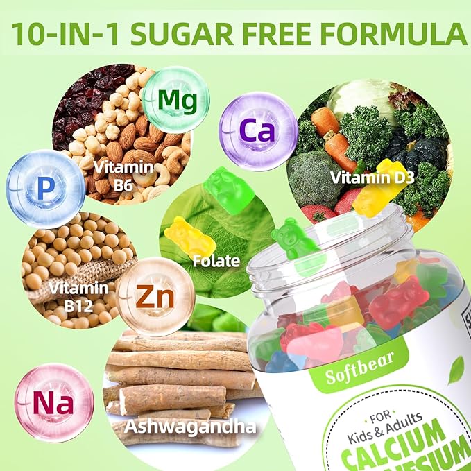 softbear Calcium Magnesium Zinc Gummies for Adult & Kids, Suagr-Free Calcium Magnesium Zinc Vitamin D3 Supplement for Bone Strength & Immune Health, Mixed Fruit Flavor 120 Count