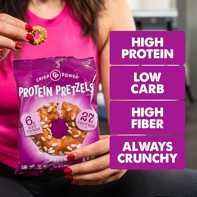 CRISP POWER Protein Pretzels, Sesame, 27G Protein, High Protein Snack, High Fiber, Low Carb Crunchy Pretzel Snacks, No Added Sugar, 1.75 oz Bags, 6 Pack, Vegan, Keto