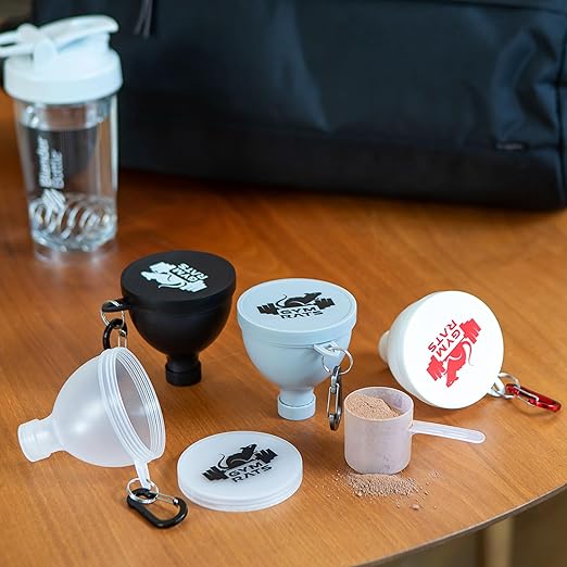 Protein Powder Funnel Set - Travel Protein Powder Container to Go with Carabiner & Reinforced Caps to Stop Spills - Protein & Pre Workout Powder Supplement Funnel for Bottles & Shakers - 4 Pack