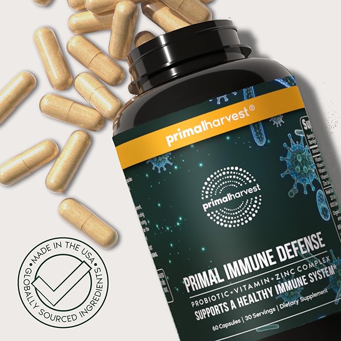 Primal Harvest Immune Defense 10-in-1 Supplement with Probiotics, Zinc, and Vitamins C, D3, K2, B6 Daily Immune Support for Adults