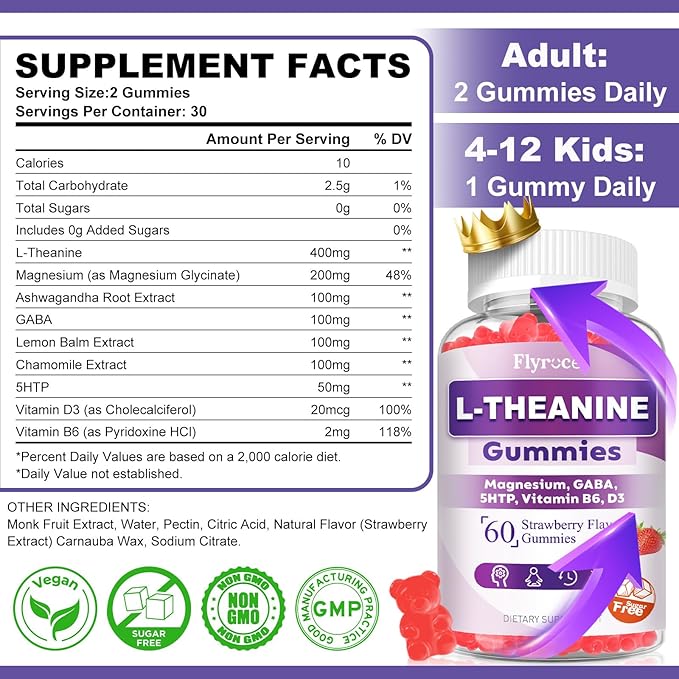 Sugar Free L-Theanine Gummies, L Theanine Supplement for Adults & Kids, L'Theanine with Ashwagandha, Magnesium, 5HTP & GABA - Support Calm, Relax, zzZ, Focus, Vegan Strawberry Flavor, 60 Count