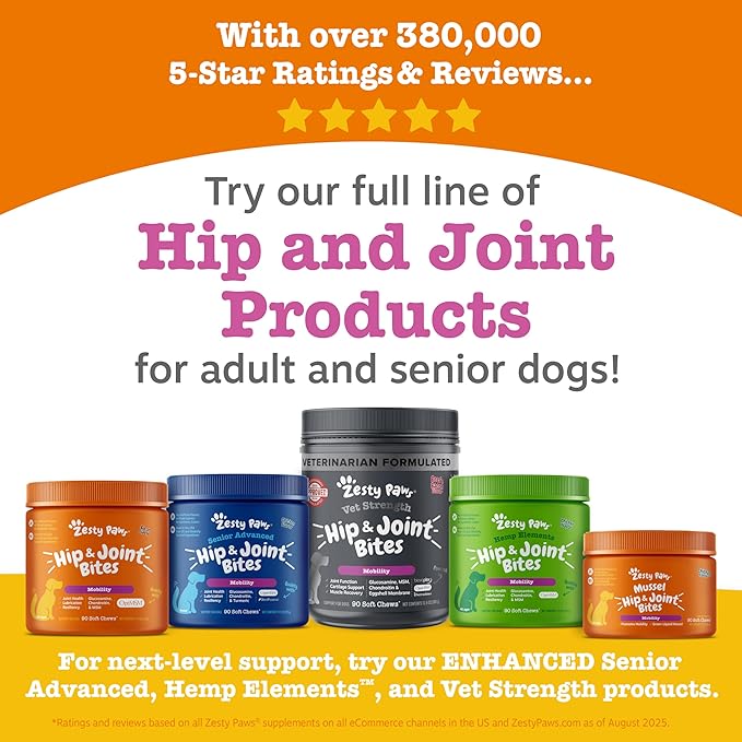 Zesty Paws Mussel Mobility Bites for Dogs - New Zealand Green Lipped Mussel with Natural Glucosamine & Chondroitin + Omega-3 Fatty Acids - Hip & Joint Support Supplement Soft Chews – 90 Count