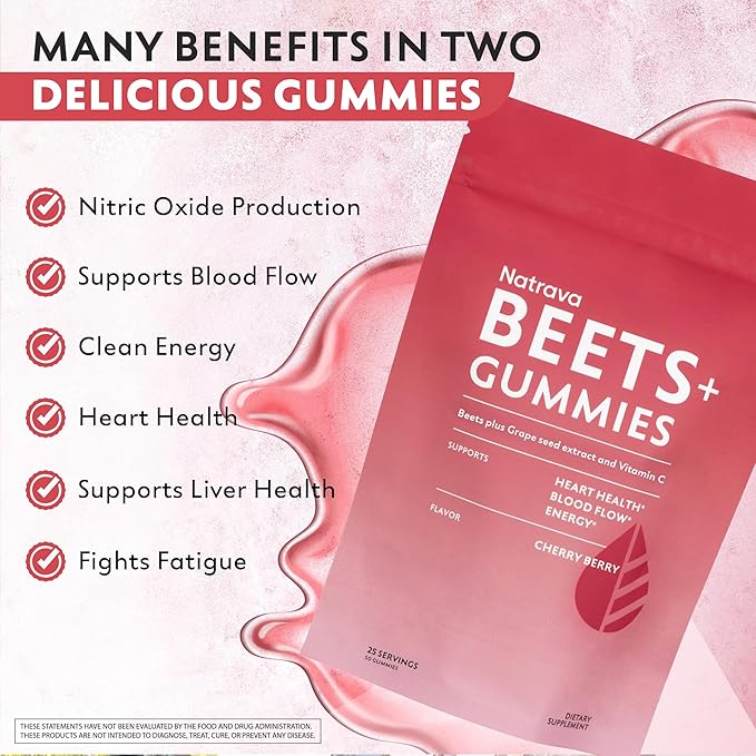 Natrava Beets+ Gummies - Premium Beet Root Powder, Grape Seed Extract and Vitamin C - Supports Healthy Blood Pressure and Heart Health - Low Sugar Nitric Oxide and Circulation Supplement - 50 Gummies