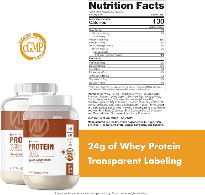 NutraOne ProteinOne Whey Protein Promote Recovery and Build Muscle with a Protein Shake Powder for Men & Women (Caramel Cookie Crunch, 2 LB)