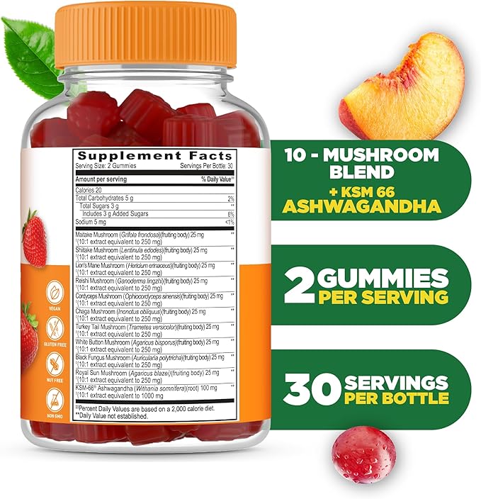 Lifeable Mushroom Gummies for Adults | 10 Mushroom Complex Blend with Ashwagandha KSM-66 | Vegan Kosher Non-GMO Mushroom Supplement Extract | Great Tasting Focus & Energy Support | 60 Gummies