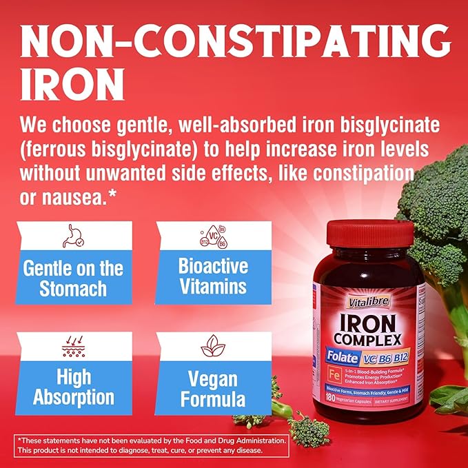 Iron Supplement for Women & Men, with Vitamins C, B6, B12 & Folate for Iron Deficiency, Blood Building & Energy Support, Stomach Friendly, Better Absorption, Non-GMO, No Gluten, 180 Vegan Caps