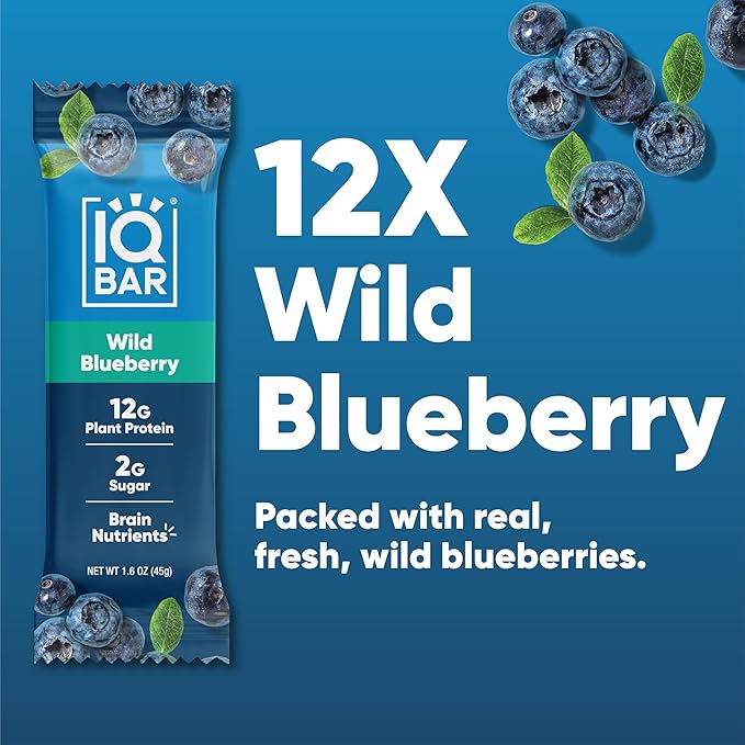 IQBAR Clean Plant Protein Bars - Wild Blueberry - 12 Count - Keto, Vegan, High Fiber, Gluten and Dairy Free, Low Sugar Snack - Brain and Body Nutrients for Focus, Energy, Meal Replacement