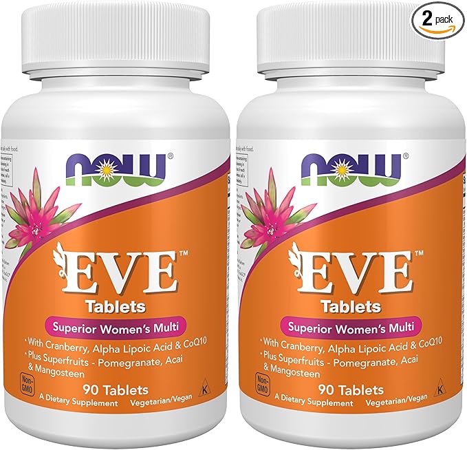 NOW Supplements, Eve™ Women's Multivitamin with Cranberry, Alpha Lipoic Acid and CoQ10, Plus Superfruits - Pomegranate, Acai & Mangosteen, 90 Tablets (Pack of 2)