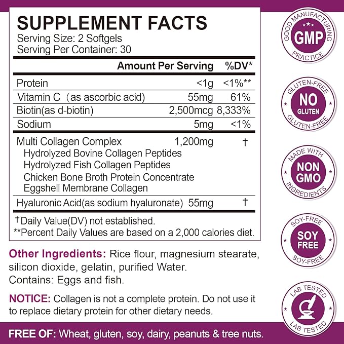 Multi Collagen Peptides Softgel for Women & Men - Type I, II, III, V, X - Hydrolyzed Collagen Peptides with Biotin, Vitamin C & Hyaluronic Acid - Support Skin Hair Nail & Joint - Non GMO, 240 Softgel