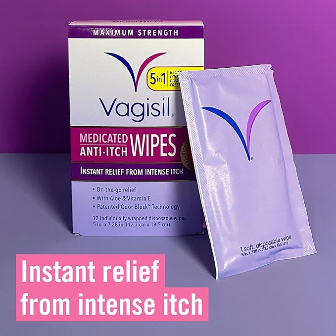 Vagisil Anti-Itch Medicated Feminine Intimate Wipes for Women, Maximum Strength, Gynecologist Tested, 12 Wipes (Pack of 1)