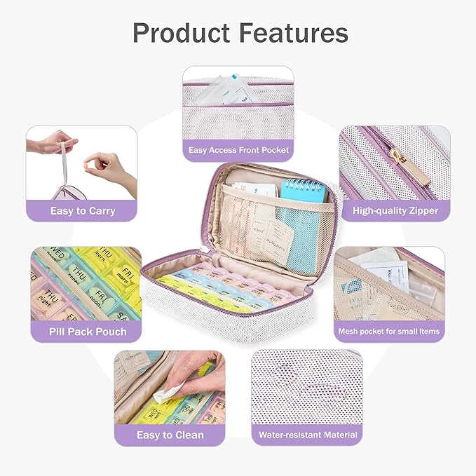 Weekly Travel Pill Organizer 3 Times A Day Pill Case for Purse with Removable 7 Day Pill Box Holder,Cute Medication Organizer Pill Container for Medicine, Vitamin, Fish Oils,Supplement(Purple, Large)