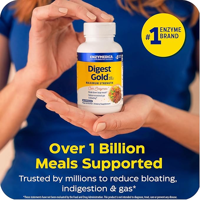 Enzymedica Digest Gold + ATPro, Maximum Strength Enzyme Formula, Fast-Acting, Helps Digest Large Meals, Prevents Bloating and Gas, 90 Capsules