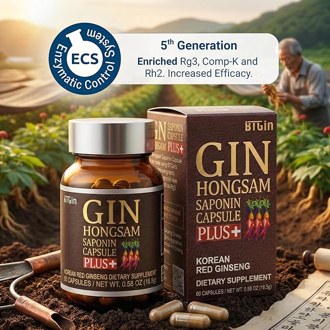 Gin Hongsam Saponin Capsule Plus Korean Red Panax Ginseng Extract - High Rg3 & Compound K Supplement - Caffeine Free Extra Strength Energy, Focus & Immune Support - 60 Capsules