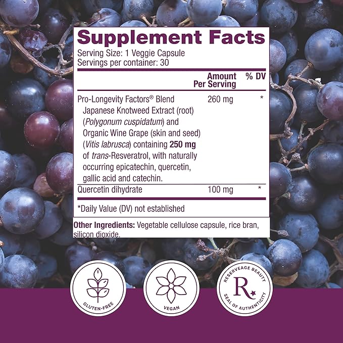 Reserveage Beauty Resveratrol 250 mg - Best Trans-Resveratrol - Vegan Antioxidant Supplement for Cellular & Heart Health - Aids Healthy Aging & Immune Health - 30 Vegetable Capsules (30 Servings)
