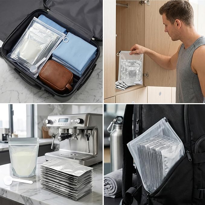 Protein Powder Travel Container Set, 50 Foil Single-Serve Pouches with Labels, Storage Pouch & 5g Spoon, Portable Supplement Containers for Gym Use