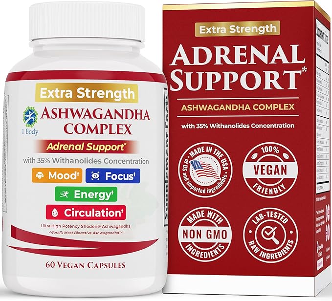1 Body Adrenal Support Supplement – Ashwagandha Adrenal Complex for Stress, Energy & Mood – Adaptogens with Rhodiola, Eleuthero & B Vitamins – Adrenal Fatigue Support – 60 Vegan Capsules
