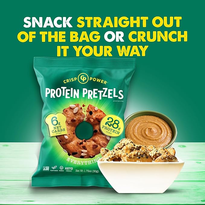 CRISP POWER Protein Pretzels, Everything, 28G Protein, High Protein Snack, High Fiber, Low Carb Crunchy Pretzel Snacks, No Added Sugar, 1.75 oz Bags, 24 Pack, Vegan, Keto